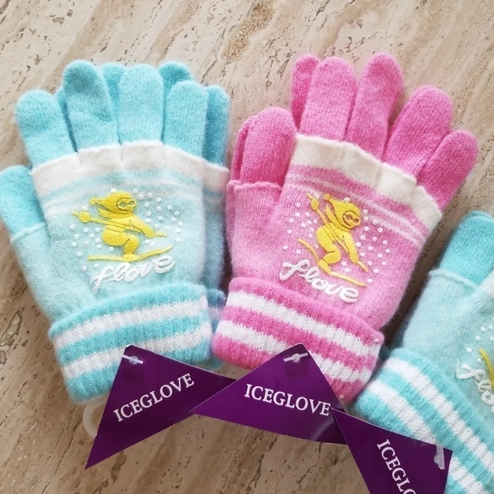 Set of 3 New Light Blue & Pink Combo Double Layered 2 in 1 Wool Blend Gloves